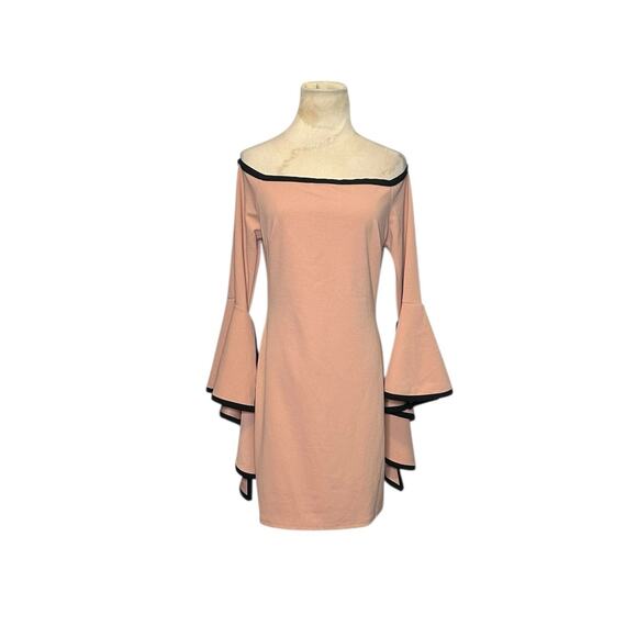 Event beige black trim off the shoulder sheath dress size Large - Picture 13 of 13